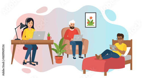 Diverse team working remotely from home, perfect for illustrating flexible work arrangements or work-life balance.