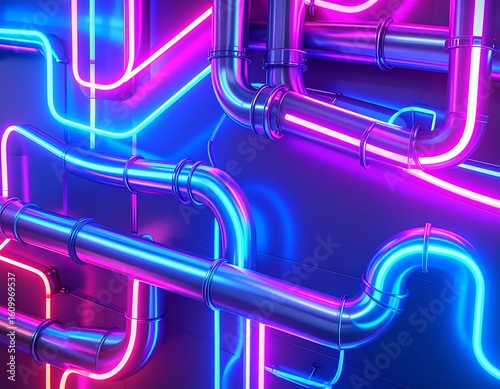 Abstract industrial pipes with vibrant neon light