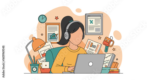 Woman working from home on laptop, illustration for remote work, freelance, or online business.
