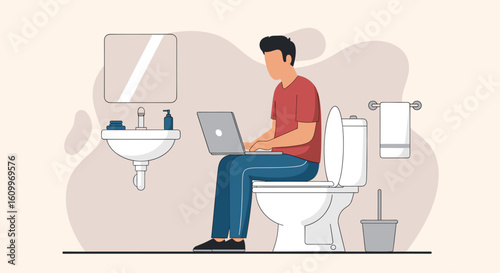 Man working on laptop while sitting on toilet in bathroom. Illustration for blog post about work-life balance.