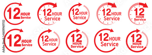 12 hours service icon vector set. Red 12h duration sign. Red 12 hours clock arrow icons, work and delivery time symbols. Red 12hr support sign collection. 12 hours icon vector set.