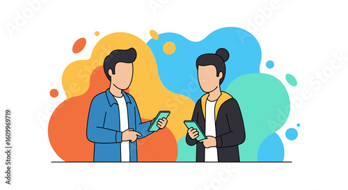Two people using smartphones, vector illustration, perfect for app landing pages or social media posts.