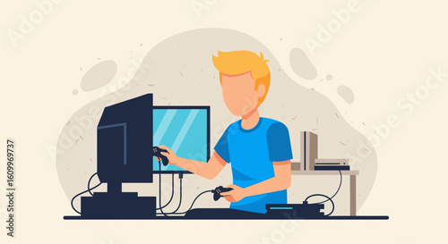 Young man playing video games on a desktop computer - perfect for blogs, articles about gaming, or technology websites.