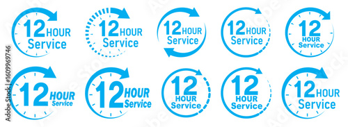 Blue 12 hours service icon set. Blue 12 hours service duration sign. Twelve hour delivery clock icon graphic. 12 hours clock arrow icons,12 hr delivery time symbols. Shipping delivery symbol. 
