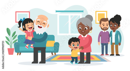 Happy multigenerational family at home, perfect for family, insurance, or wellbeing websites and brochures.
