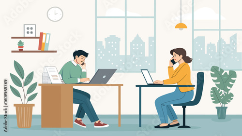 Two colleagues working at their desks, making phone calls and using laptops. Ideal for websites, brochures, and presentations on teamwork, communication, or modern office spaces.