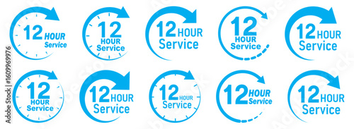 Blue 12 hours service icon set. Blue 12 hours service duration sign. Twelve hour delivery clock icon graphic. 12 hours clock arrow icons,12 hr delivery time symbols. Shipping delivery symbol. 