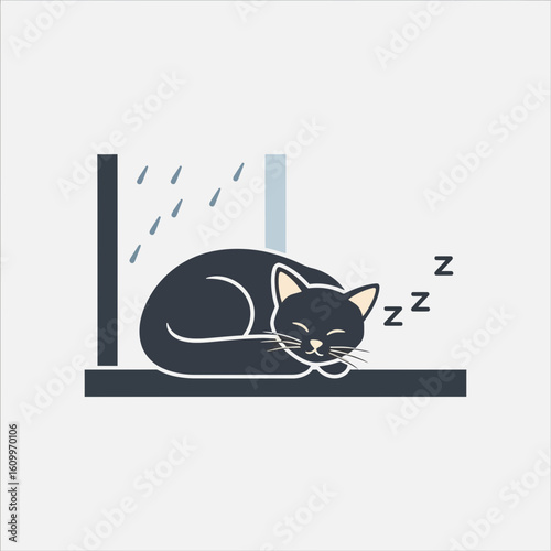 A dark cat sleeps on a windowsill with rain outside the window.