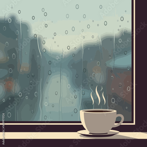 Cup of coffee sits on windowsill looking out at rainy street scene.