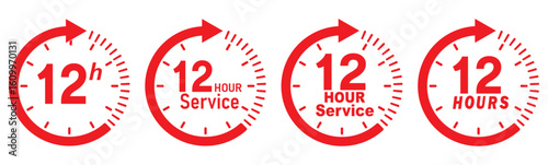 12 hours service icon vector set. Red 12h duration sign. Red 12 hours clock arrow icons, work and delivery time symbols. Red 12hr support sign collection. 12 hours icon vector set.