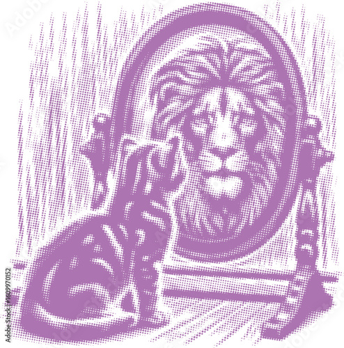  Purple cat seeing lion in mirror reflection, canvas template, stamp dot halftone vector art