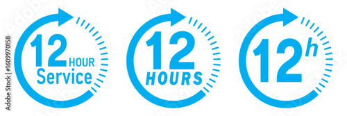 12 hours service icon vector set. Blue 12h duration sign. Blue 12 hours clock arrow icons,12 hr =delivery time symbols. Blue 12hr support sign collection. 12 hours icon vector set. 12hr servic icon