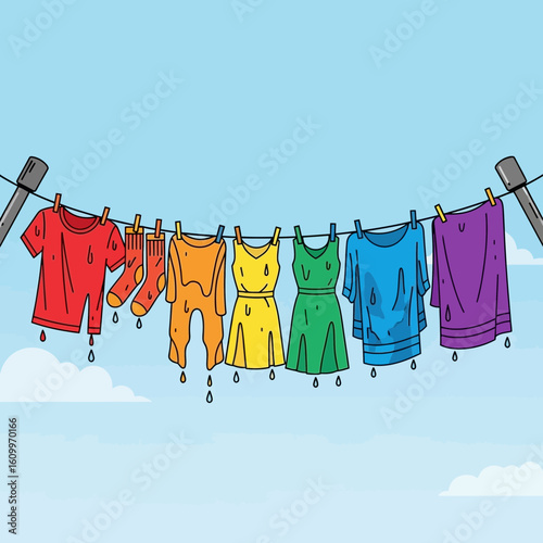 Colorful clothes hang on a clothesline against a blue sky with clouds.