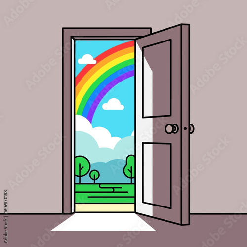 Open door reveals a colorful rainbow landscape illustration with trees and blue sky.