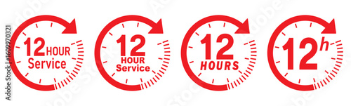 12 hours service icon vector set. Red 12h duration sign. Red 12 hours clock arrow icons, work and delivery time symbols. Red 12hr support sign collection. 12 hours icon vector set.