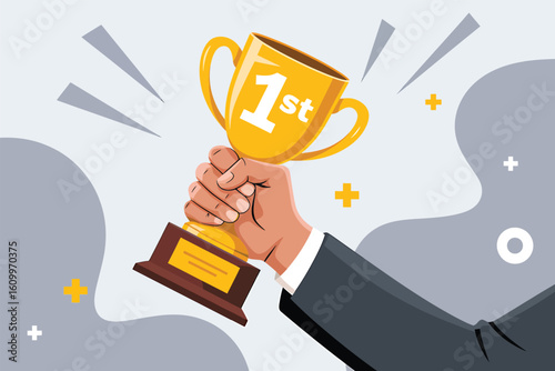 Celebrate triumphant victory with a gleaming gold trophy held high, symbolizing achievement, success, and the ultimate win in any competition or business endeavor, inspiring champions everywhere.
