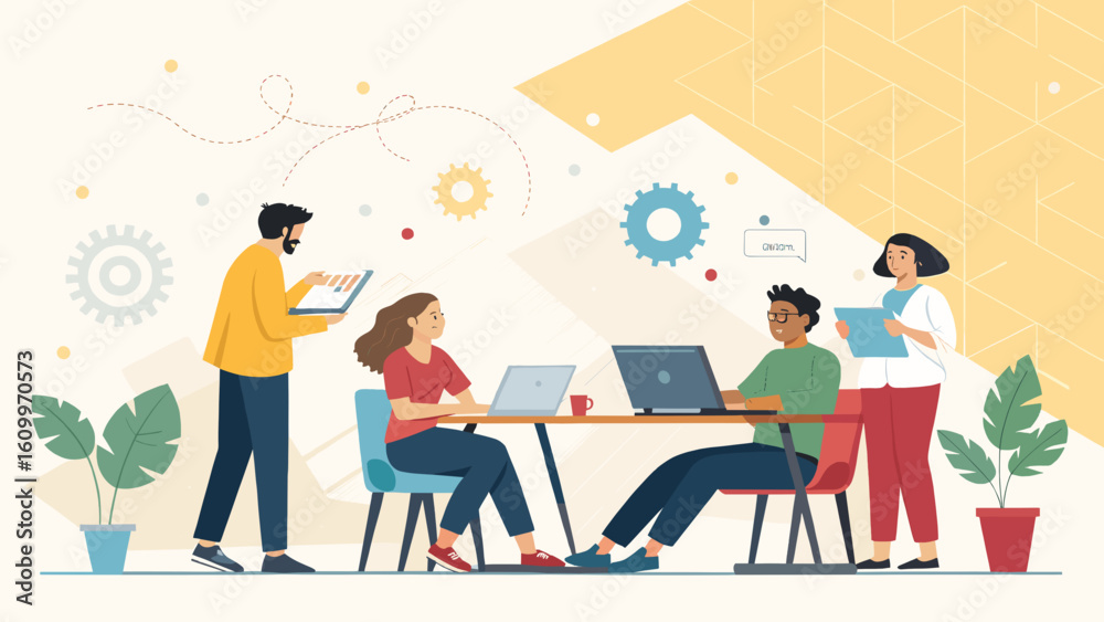 Obraz premium Teamwork in a modern office: Diverse colleagues collaborating on a project. Ideal for website landing pages or brochures.