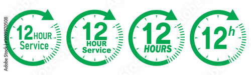 12 hours service icon vector set. Green 12h duration sign. Green 12 hours clock arrow icons, work and delivery time symbols. Green 12hr support sign collection. 12 hours icon vector set.