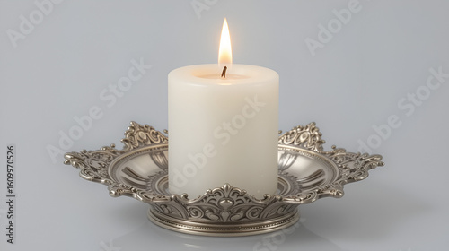 White candle in an antique silver candleholder isolated cutout on transparent