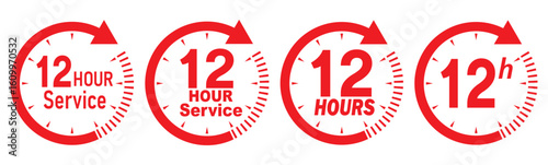 12 hours service icon vector set. Red 12h duration sign. Red 12 hours clock arrow icons, work and delivery time symbols. Red 12hr support sign collection. 12 hours icon vector set.