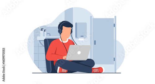 Young man working on laptop in a restroom, perfect for illustrating remote work, flexibility, or unusual workspaces.