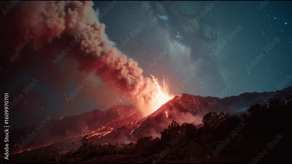 Volcano Eruption Spews Lava and Ash Under Starry Night Sky with Smoke ...
