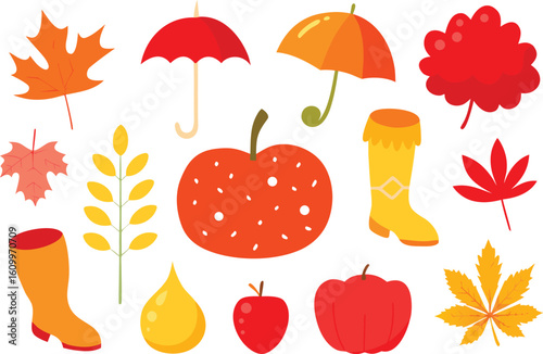 A vibrant collection of autumn elements including colorful falling leaves bright red apples yellow wheat stalks and stylish rain boots perfect for seasonal designs