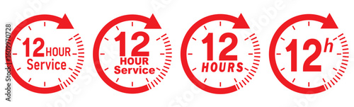 12 hours service icon vector set. Red 12h duration sign. Red 12 hours clock arrow icons, work and delivery time symbols. Red 12hr support sign collection. 12 hours icon vector set.
