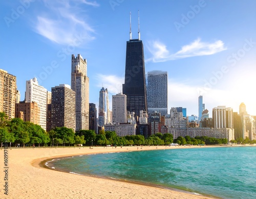 Chicago skyline, Lake Michigan beach. Sunny day, cityscape, and shoreline meet