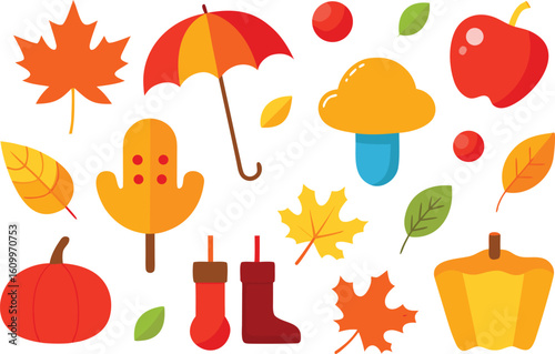 A vibrant collection of autumnal elements including falling leaves pumpkins an umbrella boots and mushrooms evoking the cozy spirit of fall