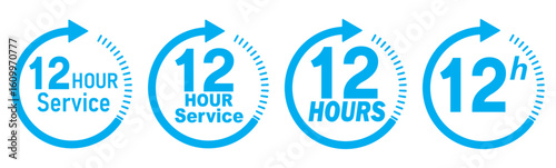 12 hours service icon vector set. Blue 12h duration sign. Blue 12 hours clock arrow icons, work and delivery time symbols. Blue 12hr support sign collection. 12 hours icon vector set.