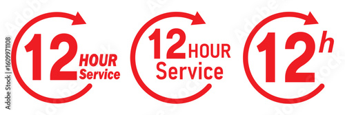 12 hours service icon vector set. Red 12h duration sign. Red 12 hours clock arrow icons, work and delivery time symbols. Red 12hr support sign collection. 12 hours icon vector set.