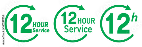 12 hours service icon vector set. Green 12h duration sign. Green 12 hours clock arrow icons, work and delivery time symbols. Green 12hr support sign collection. 12 hours icon vector set.