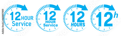 12 hours service icon vector set. Blue 12h duration sign. Blue 12 hours clock arrow icons, work and delivery time symbols. Blue 12hr support sign collection. 12 hours icon vector set.