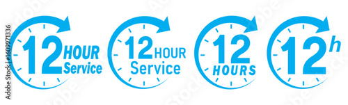 12 hours service icon vector set. Blue 12h duration sign. Blue 12 hours clock arrow icons, work and delivery time symbols. Blue 12hr support sign collection. 12 hours icon vector set.