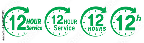 12 hours service icon vector set. Green 12h duration sign. Green 12 hours clock arrow icons, work and delivery time symbols. Green 12hr support sign collection. 12 hours icon vector set.