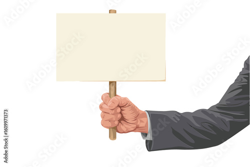 Confident hand in suit holding blank sign for impactful message delivery, showcasing professional communication and presentation opportunities for business success and information sharing
