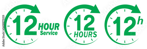 12 hours service icon vector set. Green 12h duration sign. Green 12 hours clock arrow icons, work and delivery time symbols. Green 12hr support sign collection. 12 hours icon vector set.