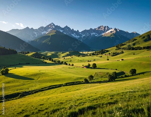 Lush green valley nestled at the foot of snow-capped mountains.  Sunlight bathes the scene in golden light.  Gentle slopes and rolling hills.  Several small rustic buildings dot the landscape