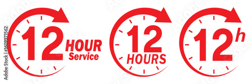 12 hours service icon vector set. Red 12h duration sign. Red 12 hours clock arrow icons, work and delivery time symbols. Red 12hr support sign collection. 12 hours icon vector set.