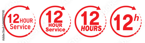 12 hours service icon vector set. Red 12h duration sign. Red 12 hours clock arrow icons, work and delivery time symbols. Red 12hr support sign collection. 12 hours icon vector set.