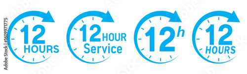 12 hours service icon vector set. Blue 12h duration sign. Blue 12 hours clock arrow icons, work and delivery time symbols. Blue 12hr support sign collection. 12 hours icon vector set.