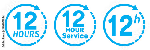 12 hours service icon vector set. Blue 12h duration sign. Blue 12 hours clock arrow icons, work and delivery time symbols. Blue 12hr support sign collection. 12 hours icon vector set.