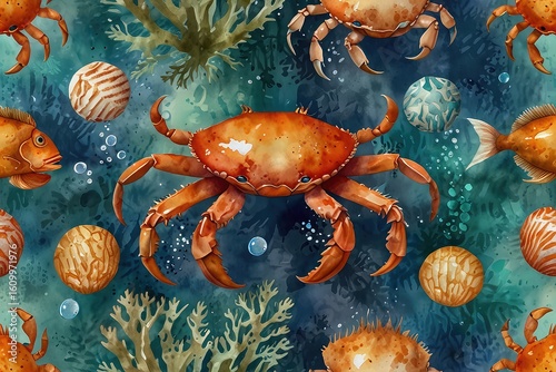Watercolor Crab with Seashells, Starfish, and Seaweed – Marine Life Illustration, Whimsical Ocean Animals – Crab with Coral and Shells	