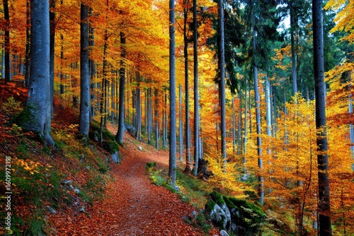 Autumn forest path winding through vibrant trees