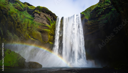 Majestic wide shot of a powerful waterfall cascading down green mossy cliffs with a vibrant rainbow forming in the mist under natural daylight.

