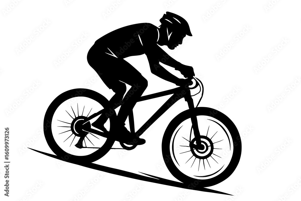 Naklejka premium A silhouette of a cyclist riding a mountain bike down a slope, the image is in black and white. The cyclist wearing a helmet