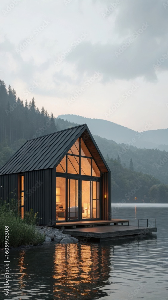 Obraz premium Modern lakeside cabin with warm interior lights reflecting on calm water