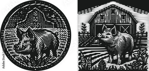  Monochrome Lined Engraving Style of Farm Pig with Barn Inside Classic Vintage Frame Illustration