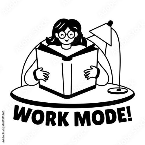 Book reading character with work mode typography, glyph style sticker 